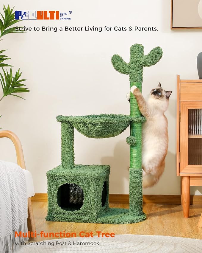 PEQULTI Cactus Cat Tree Cat Condo with Big Metal Frame Hammock, Cat Scratching Post for Indoor Cats with Cat Condo Natual Sisal Rope and Cat Toy Dangling Sisal Ball, Green