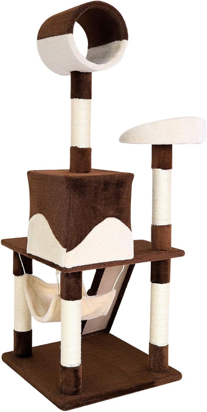 lionto Scratching Tree for Cats with Hammock & Tunnel, Height 52,4 in, cat Tree with sisal Rope & Soft Plush, Cozy Lying Areas & Caves, Suitable for Small & Large Cats, Beige/Brown