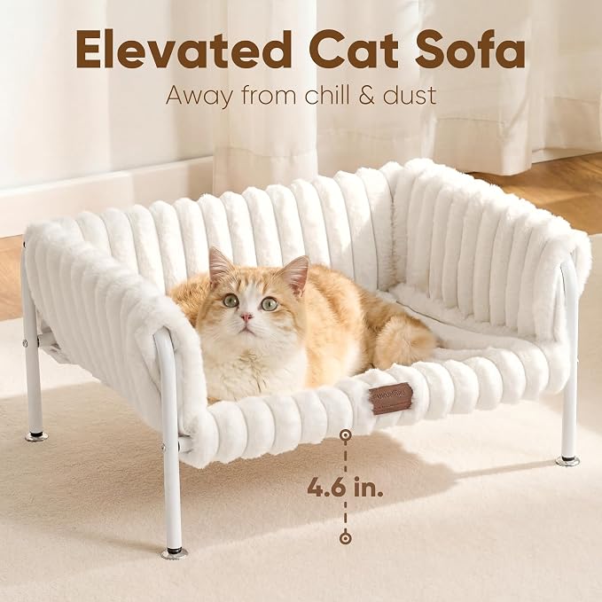 FUKUMARU Elevated Cat Couch Beds for Indoor Cats, Sturdy Metal Frame Cat Hammock Bed with High-Density Foam Cushion, Removable Washable Fluffy Cover, Breathable Raised Dog Bed & Cat Sofa Chair, Cream