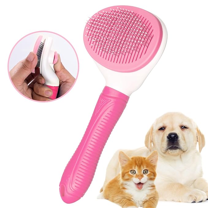 Aogeili Self-Clean Slicker Brush, Deshedding Comb for Dogs Cats Rabbits | One-Click Release Removes Loose Undercoat, Mats & Tangles, for Long & Short Hair Shedding Pets