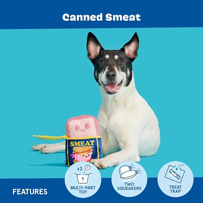BarkBox Canned Smeat Dog Toy | 2-in-1 Plush Set with 2 Squeakers & Crinkle | Multi-Part Squeak Toy for Extra Small to Small Dogs