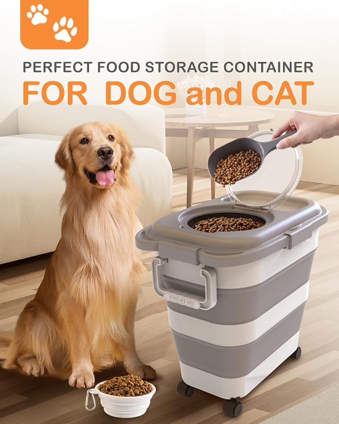 25-28Lbs Dog Food Storage Container Airtight,Collapsible Pet Food Storage | Dog Food Container with Handle,Wheels,Double Airtight Seal Fresh,Save Space,Pest/Mouse-proof,Small Cat Food Container,Scoop