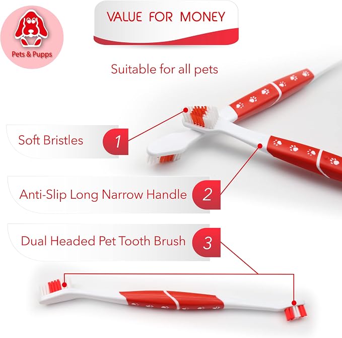 Pet Toothbrush for Dogs, Cats with Soft Bristles - Easy Teeth Cleaning & Dental Care, Non Slip Dual Head Dog Toothbrush for Medium & Large Pets, Toothpaste Not Included, Pack of 1 Red
