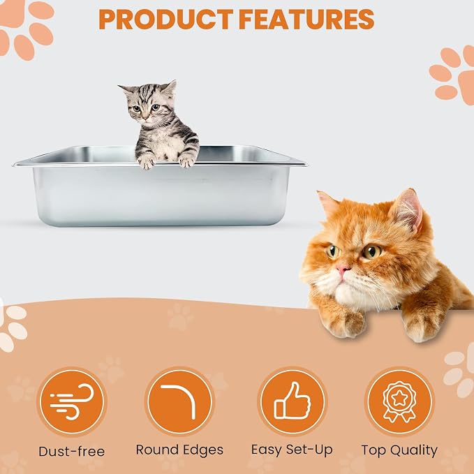 Stainless Steel Cat Litter Box with High Sides - Never Absorbs Odor, Stains or Rusts - Non Stick Smooth Surface for Cats and Rabbits