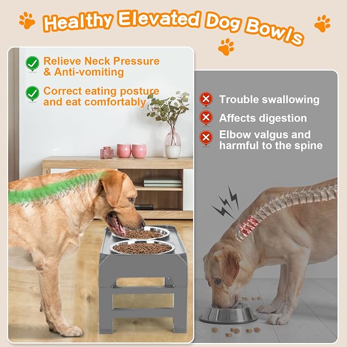 Elevated Bowls, 4 Height Adjustable Raised Stand with 2 Thick 50oz Stainless Steel Food Bowls, Non-Slip Feeder for Large Medium Dogs, Adjusts to 3.7", 9.2", 10.75", 12.36" Grey (Pack of 2)