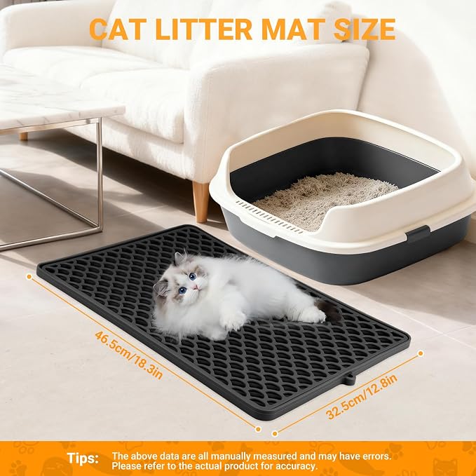 Double-Layer Silicone Cat Litter Mat – Non-Slip, Waterproof & Easy-to-Clean | Also Great as a Dish Drying or Pet Feeding Mat (18x12.5,Black）
