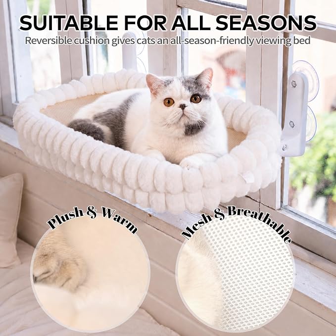 CHEERPALS Cloud Cat Window Perch for Indoor Cats Hammock Bed Foldable | Reversible Cushion Removable Washable, Breathable Soft All-Season, Sturdy Strong Suction Cups Support, Cordless(White,Large)