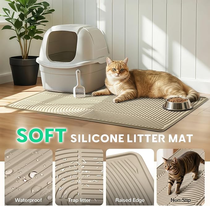 Pawtasy Cat Litter Mat,40" x 28" Extra Large Silicone Waterproof Litter Trapping Mat for Scatter Control Soft on Kitty Paws Non-Slip Easy to Clean