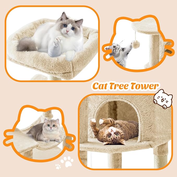 DUMOS 44 Inch Cat Tree Tower with Natural Sisal Scratching Posts | Small Cat Tree with Hammock, Pet Condo for Indoor Cats and Kittens Play, Beige