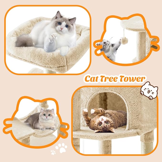 44 Inch Small Cat Tree Tower for Indoor Cats and Kittens | Multi-Level Cat Climbing Tower with Natural Sisal Scratching Post and Hammock, Pet Condo, Beige