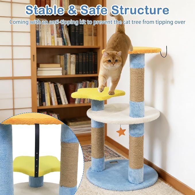 PETSITE 29-inch Cute Cat Tree, Multi-Level Small Cat Tree with Jute Scratching Post, Dangling Toy, Star and Moon-Shaped Perches, Ideal for Indoor Cats (Blue)