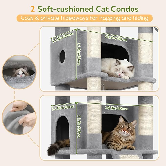Globlazer 80in Tall Extra Large Heavy Duty Corner Cat Tree Tower, S80C | Sturdy Big Cat Tower for Indoor Cats Large Adult with Scratching Post, 2 Spacious Condos with Padding, 2 Perches, Light Grey