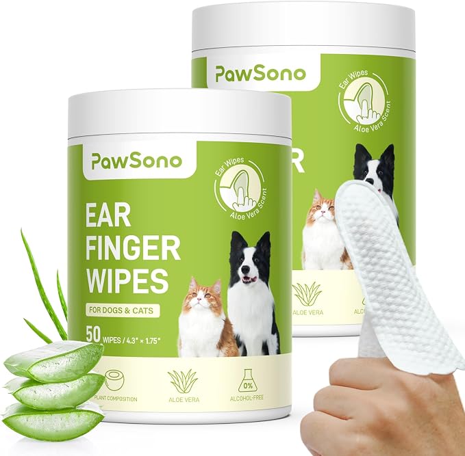 PawSono Dog Ear Wipes - 100 Count Dog Ear Cleaner Finger Wipes for Dogs & Cats, Pre-Moistened Ear Cleaning Wipes for Puppies, Kittens & Small Animals, Thick Pet Ear Wipes to Remove Wax, Dirt & Debris