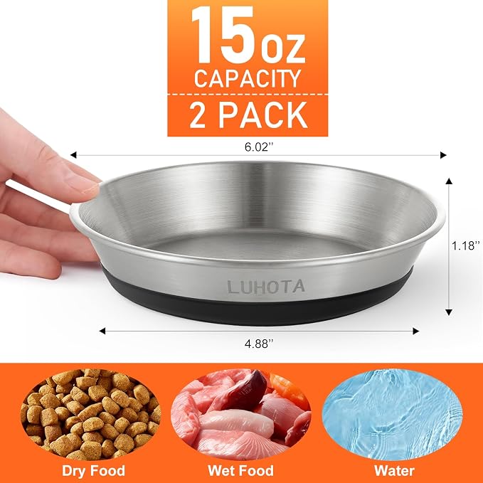2 Pcs Stainless Steel Cat Bowls, Shallow Wide Food Water Bowls with Non-Slip Silicone Base, Dishwasher Safe for Cats Kittens Small Dogs Indoor Outdoor Use