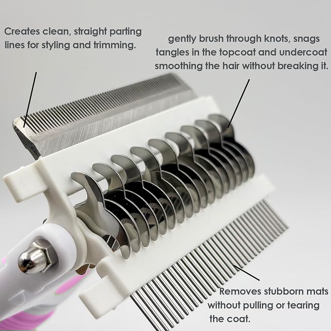 3-IN-1 Pet Grooming Brush, Undercoat Rake, Dematting Comb & Deshedding Tool | Pink Shedding Control Tool for Long Haired Dogs and Cats, Tangles & Loose Fur, Reduces Shedding & Prevents Hair Mess Removal