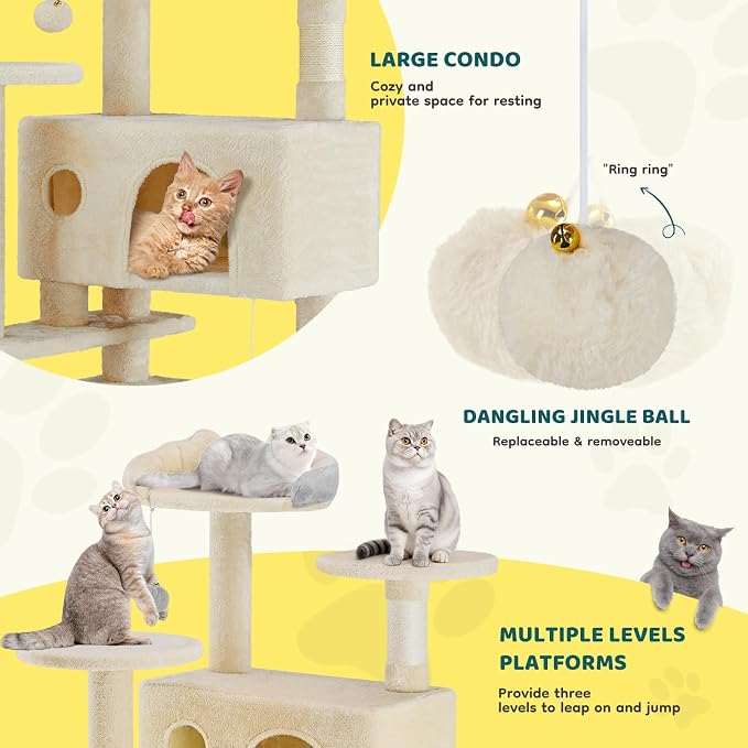 54 Inch Cat Tree Tower with Sisal Scratching Post | Multi-Level Cat Climbing Tower with Hammock, Pet Condo for Indoor Cats and Kittens, Beige