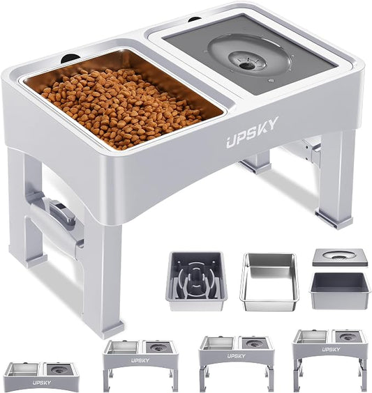 UPSKY 3-in-1 Elevated Dog Bowls Set with 4 Height Adjustable Stand, White | 304 Stainless Steel Bowl, No Spill Water Bowl, Slow Food Bowl, Anti-Slip, Dishwasher Safe, Suitable for Small Medium Dogs