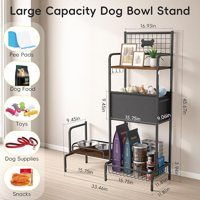 Dog Feeding Station Storage Organizer with Elevated Dog Bowl Stand | Adjustable Elevated Dog Bowl Stand, Large Toy Bin Basket, Lifted Food and Water Bowl Holder for Large Medium Small Breed