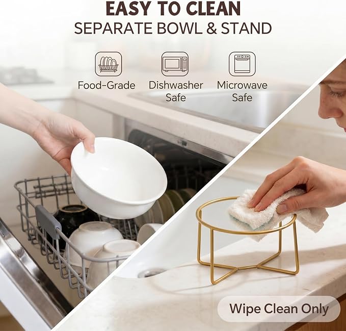 White Large Ceramic Tilted Elevated Cat Dog Bowl Raised Cat Food Water Bowl Dish Pet Comfort Feeding Bowls with Gold Iron Stand