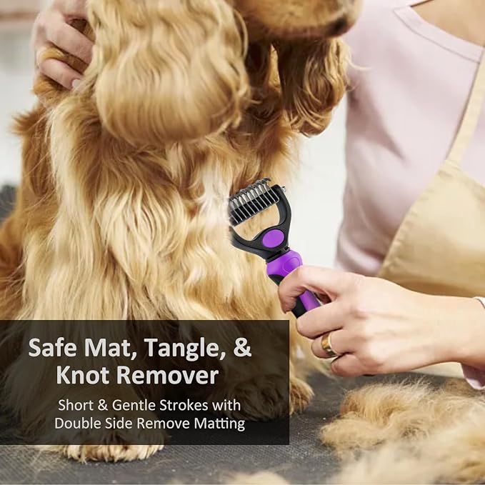 Grooming Rake for Dogs & Cats, Double-Sided Deshedding Brush, Extra-Wide Dematting Tool, Slicker Comb for Undercoat & Loose Hair Removal, Reduces Shedding by 95%, Purple, Large