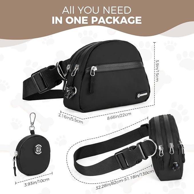 Dog Treat Pouch Pet Training Walking Fanny Pack with Built-in Poop Bag Dispenser & Waste Bag Holder | Stylish Puppy Training Essentials Supplies | Free Dog Clicker (Black)