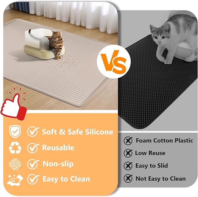 Silicone Cat Litter Mat 50" x 36" Cat Mat for Litter Box, Khaki | Extra Large Cat Litter Trapping Mat for Floor, Waterproof, Non-Slip Kitty Litter Box Mat with Raised Edge, Easy to Clean