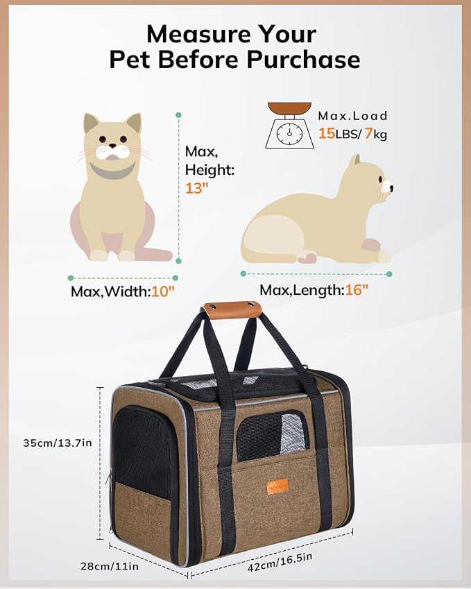 Morpilot Cat Carrier - Cat Carrier Soft for Medium or Large Cats up to 20lbs, with Dual-Sided Cushion, Secure Buckle and Foldable Bowl, Dog Carriers for Small Dogs - Pet Carrier (Brown)