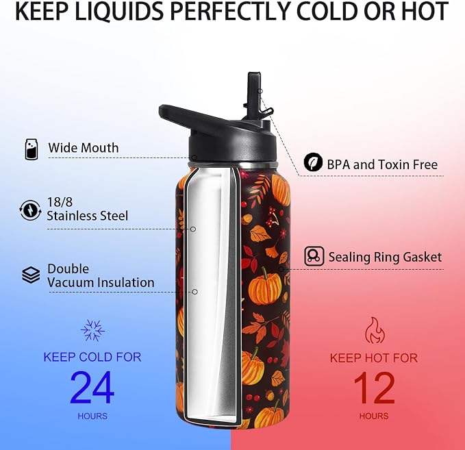 32oz Fall Stainless Insulated Aater Water Bottle with Straw,Autumn Gym Hiking Sports Coffee Mug Cup Water Bottles,Fall Decor Stuff Accessories