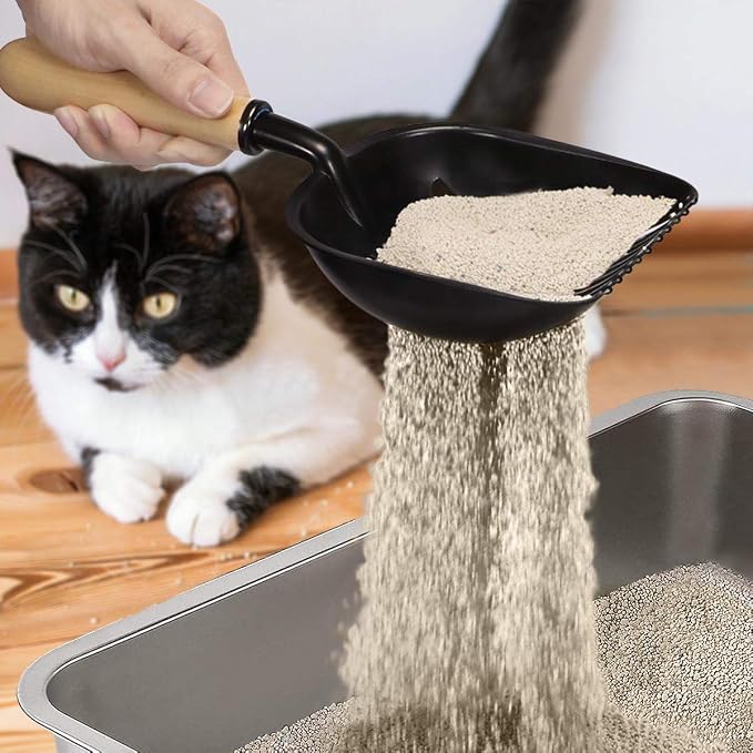 FANGSUN Metal Cat Litter Scoop Wood Handle with Deep Shovel Non Stick Plates, Kitty Cats Litter, Free Storage Holder