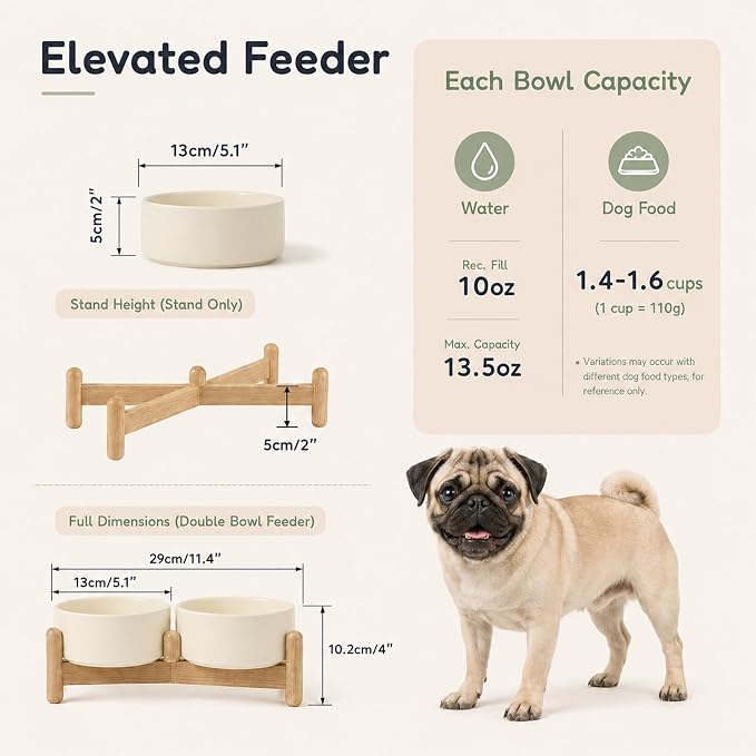 Havniva Ceramic Dog Bowls Elevated, Raised Dog Food Bowl for Puppies | 5.1” Elevated Dog Bowls, Non-Slip Wood Stand, Dog Food and Water Bowl Set, Dog Feeding Dish, Large Capacity Pet Water Bowl