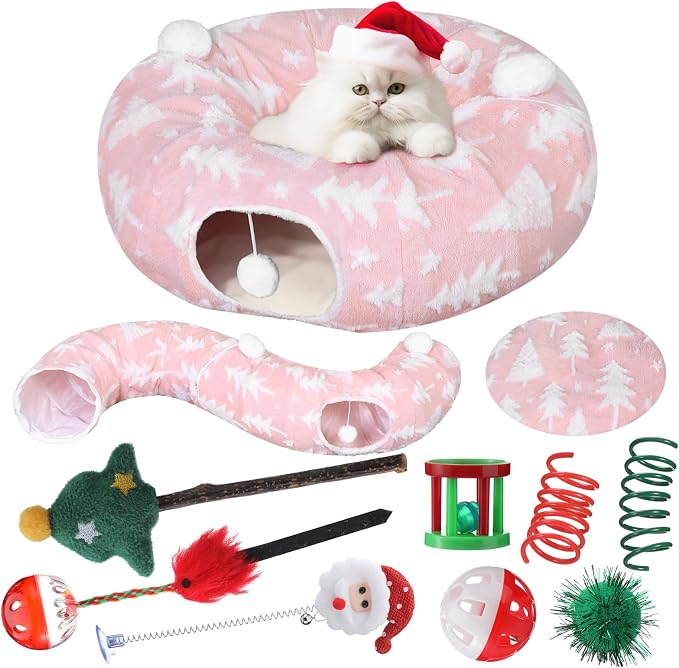 Dansydaisy Cat Tunnel Christmas Tree Skirt, Pink Christmas Tree Cat Tunnel Bed with Star and Toys, Hanging Pom Ball Plush Washable Cushion Peekaboo Playground for Small Medium Rabbit Xmas Decor