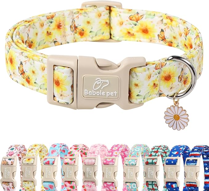 Adjustable Floral Dog Collar, Yellow Sunflower&Butterfly Dog Collars for Giant Large Dogs, Lightweight Quick-Release Buckle Collar for Boy&Girl Dogs XL