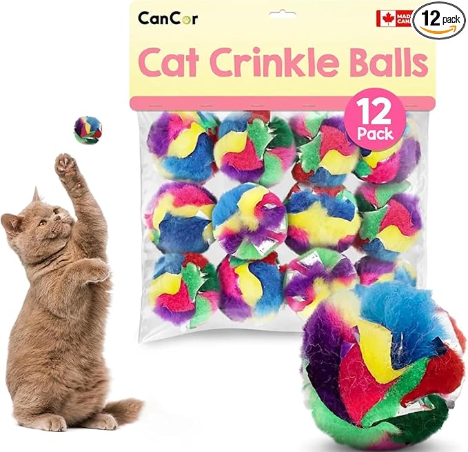 Crinkle Cat Toy Balls 12 Pack | Soft Cat Crinkle Toys for Indoor Cats & Kittens | Food-Grade Acetate Safer Than Mylar | Made in Canada