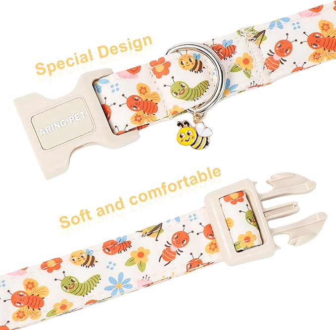ARING PET Dog Collar, Cute Spring Summer Insects Bee Floral Doggy Collars with Quick Release Buckle for Puppy Small Medium Large Dogs-XS