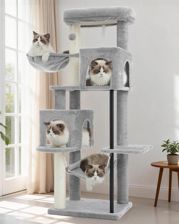 Cat Tree Tower with Sturdy Steel Tube for Indoor Cats GCT014W | 51.2'' Cat Furniture with Scratching Posts, Hammock, Basket and Padding Top Platform for Inoor Cats Large Adult, Light Gray