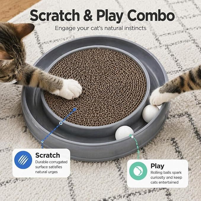 Cat Scratcher Toy Ball Track, Grey | Round Interactive Scratching Board, Exercise Set, For Indoor Cats, Mental & Physical Stimulation