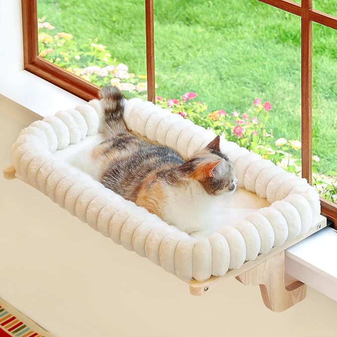 Zakkart SnugCloud Cat Window Perch with 4-Sided Bolster - Orthopedic Cat Hammock for Window Sill - Solid Hardwood & Metal Frame - Window Seat for Pets (Natural Color Wood w/White Bed, Medium)
