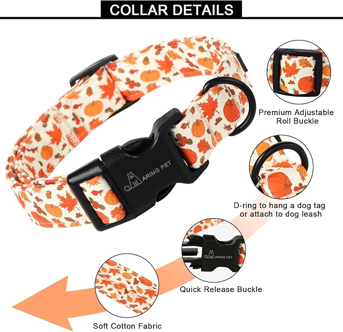 ARING PET Fall Dog Collars, Cute Autumn Pumpkin Maple Leaves Pet Collar with Quick Release Buckle for Small Medium Large Girl Boy Dogs-S