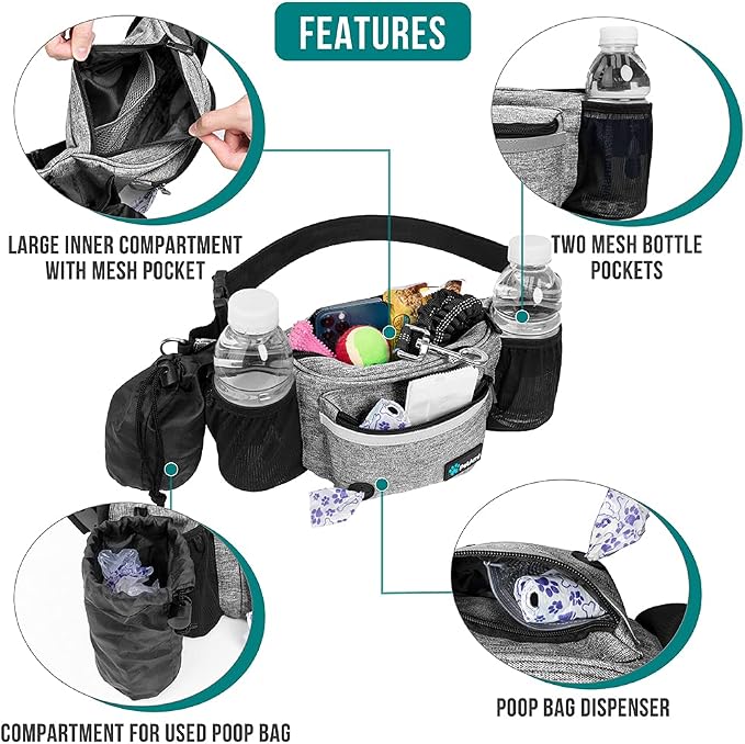 PetAmi Dog Fanny Pack, Treat Pouch for Dog Walking Training, Light Gray | Built in Poop Bag Dispenser, Water Bottle Holder, Collapsible Bowl, Pet Treat Waist Belt for Hiking Running Kibbles