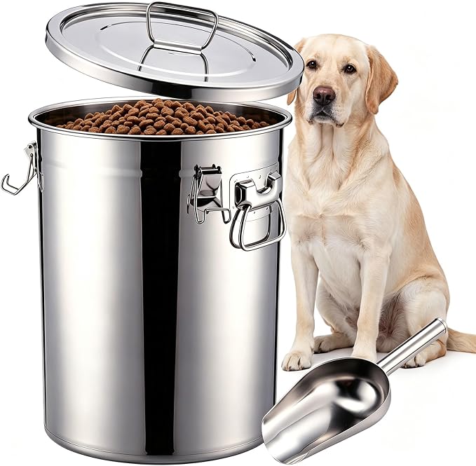 25 lb Stainless Steel Dog Food Storage Container | with Silicone Airtight Lid, Scoop. Easy to Clean Metal Pet Dog Cat Food Storage Container Keep Fresh
