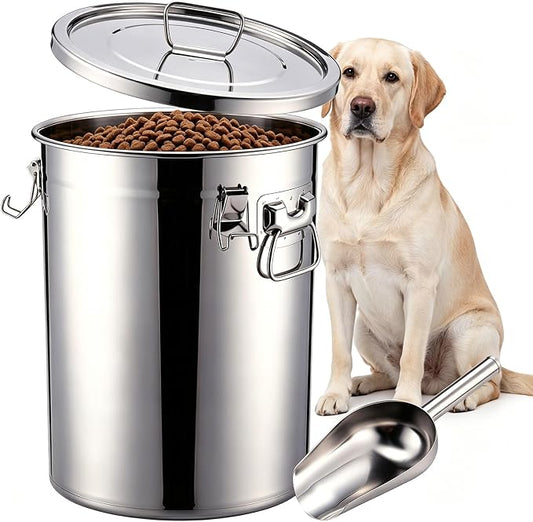 25 lb Stainless Steel Dog Food Storage Container | with Silicone Airtight Lid, Scoop. Easy to Clean Metal Pet Dog Cat Food Storage Container Keep Fresh