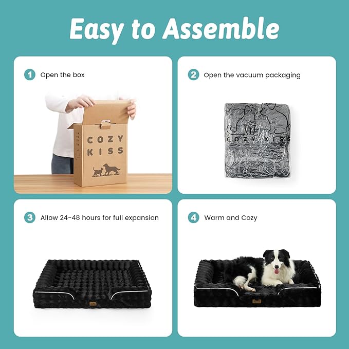 COZY KISS Orthopedic Dog Bed for Extra Large Dog 44x32 inch, XL Faux Fur Pet Sofa, Bolster Foam Bed with Sides, Non-Slip and Egg-Crate Big Dog Couch Bed with Washable Removable Cover, Black