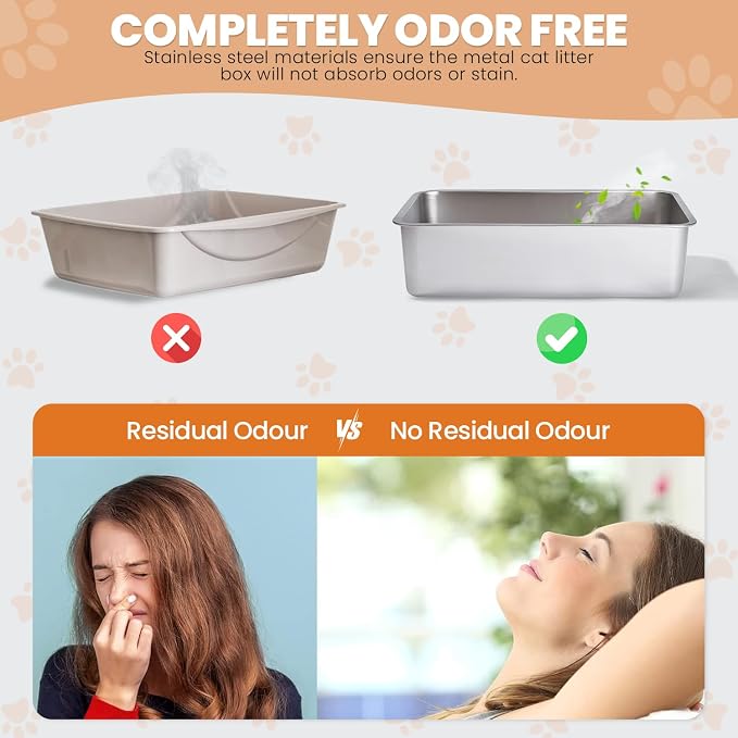 Stainless Steel Cat Litter Box with High Sides - Never Absorbs Odor, Stains or Rusts - Non Stick Smooth Surface for Cats and Rabbits