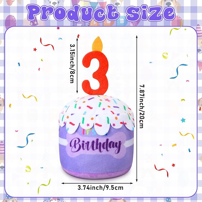 Dansydaisy Dog Birthday Cake Toy Squeaky Plush Toy for Girl Boy Gifts, Chew Accessories for Dog Birthday Party Decor Favor for Large, Medium and Small Dogs(3rd,Purple)