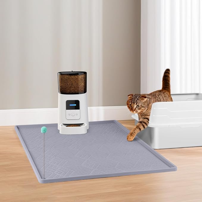 Silicone Cat Litter Box Mat 34'' x 22'' Cat Mat with Toy, Grey | Extra Large Litter Mat with lip, Non-Slip Waterproof Cat Litter Mat Litter Trapping Mat for Floor, Easy to Clean