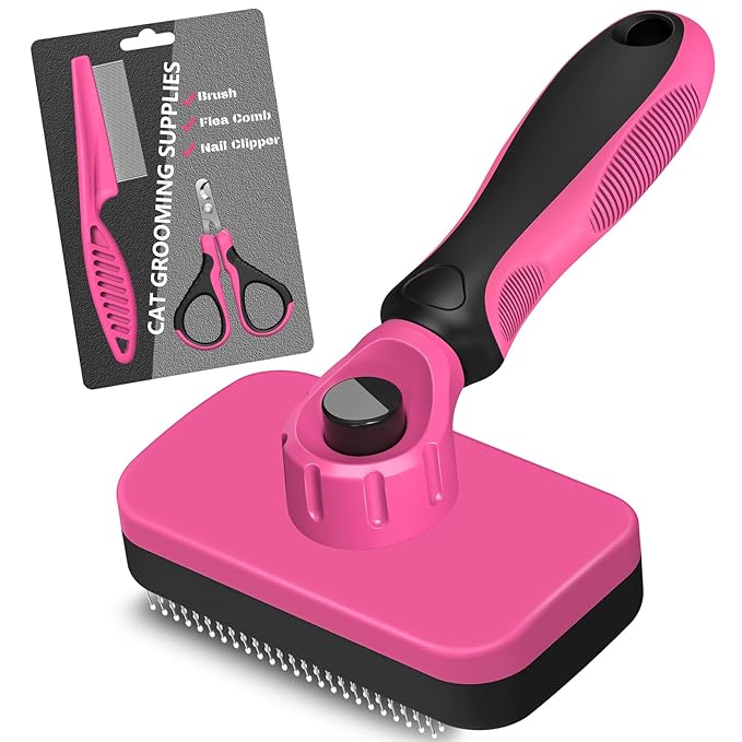 3PCS Cat Grooming Supplies, Cat Brush & Nail Clipper/Trimmer & Flea Comb for Shedding Indoor Cats Essentials Stuff Accessories (Pink)