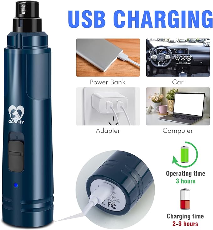 Casfuy Dog Nail Grinder with LED Light - Upgraded 2-Speed Electric Pet Nail Trimmer Powerful Painless Paws Grooming & Smoothing for Small Medium Large Dogs & Cats (Dark Blue)