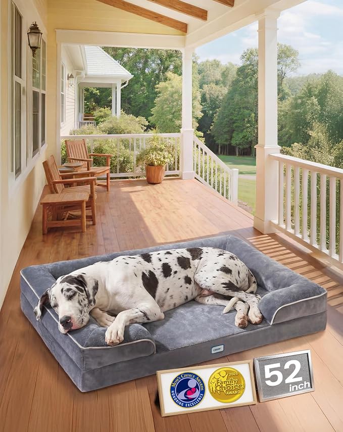 OhGeni Orthopedic Dog Bed Couch Big Cat Sofa for Jumbo Sized Pets with Memory Foam, Machine-Washable Waterproof Removable Cover, Soft Comfortable Fabric, 52-inch (Gray)