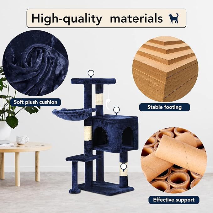 BestPet | 37" Cat Tree Tower | Navy Blue | Sturdy Multi-Level Cat Tree with Plush Condo, Cozy Perch, Sisal Scratching Posts, Hanging Toy and Hammock | Easy Assembly | for Kittens & Adult Cats