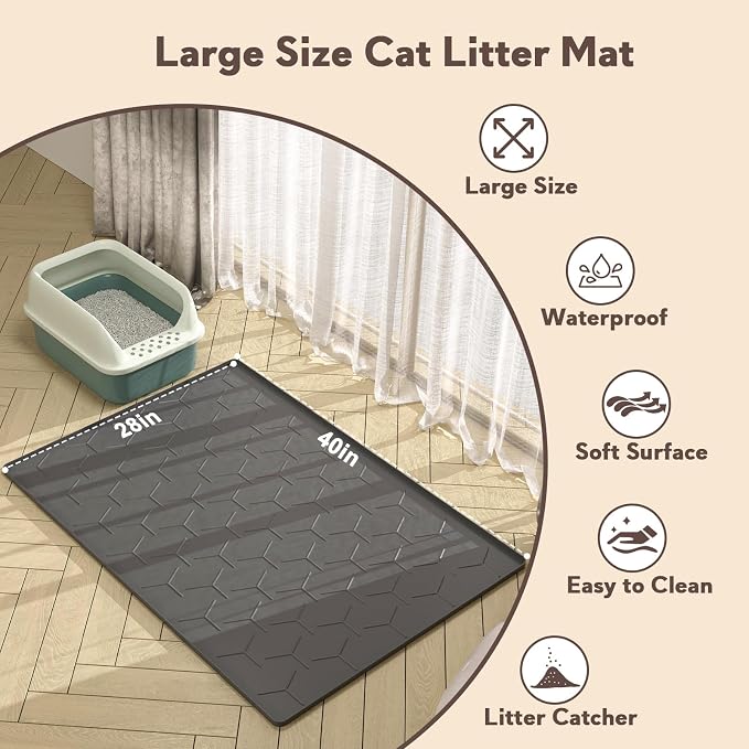 Silicone Cat Litter Mat Large 40" X 28", Easy to Clean, Black | Large Size Waterproof Silicone Mat with Raised Edges, Catch Litter, Protect Floor from Urine, Multi-Use for Dog/Sink/Kitchen